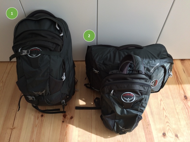 Our backpacks hold approximately 30 liters, with an extra detachable 15 liter daypack